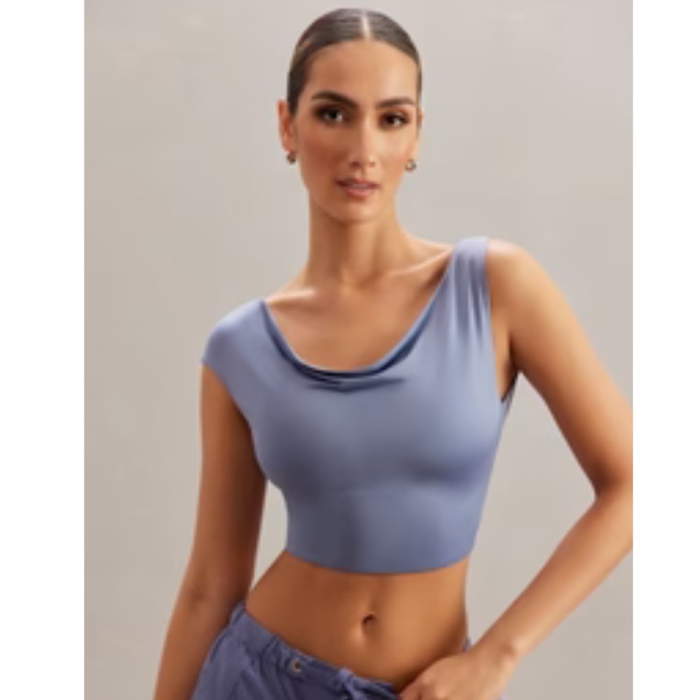 Oh Polly Cowl Neck Crop Top in Blue